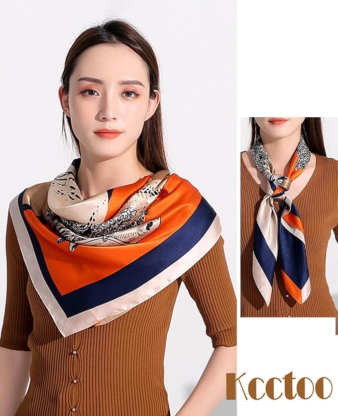 kcctoo 27.5" Mulberry Silk Feeling Head Scarf Women's Fashion Square Neck Satin Scarfs for Bag Hair Scarves Gift