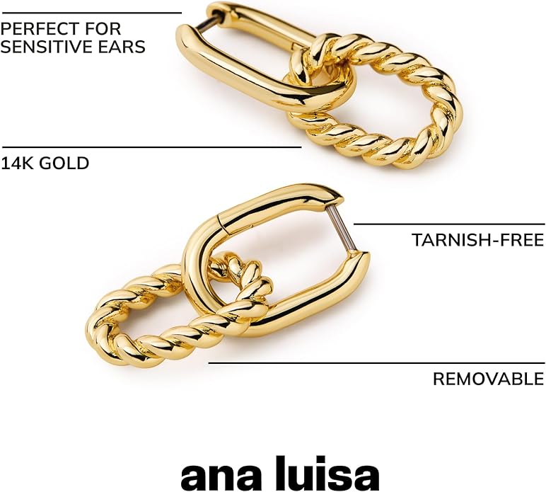 Ana Luisa Ash Double Hoop Earrings for Women - 14K Gold Plated, Silver & Two-Tone Drop Dangle Hoop Earring - Trendy Paperclip Link Huggie Hoop - Hypoallergenic, Water-Resistant & Tarnish-Free Jewelry
