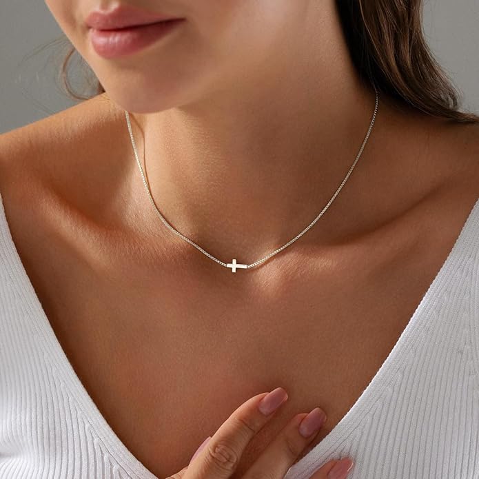Cross Necklace for Women 14K Gold Silver Plated Dainty Small Cross Pendant Choker Simple Trendy Cute Cross Charm Chain Necklace Easter Basket Stuffers Baptism Religious Faith Jewelry Gift