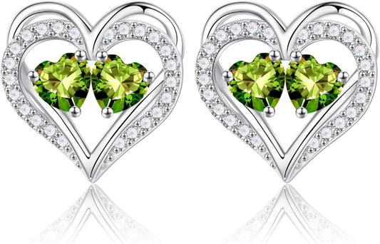 Iefil Birthstone Earrings for Women - 925 Sterling Silver Heart Earrings Anniversary Birthday Gifts for Women Wife Girlfriend Mom