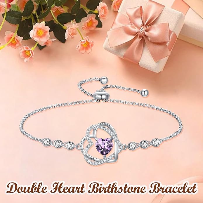TOUPOP Heart Birthstone Bracelet 925 Sterling Silver Double Heart Bracelet Love You for Always and Forever Jewelry Anniversary Birthday Christmas Gifts for Women Wife Her