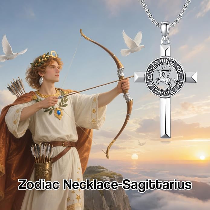 MEIDERBO Cross Zodiac Necklace 925 Sterling Silver 12 Constellation Horoscope Astrology Pendant Necklace Zodiac Sign Jewelry Gifts for Men Women