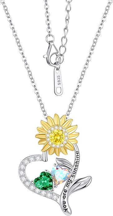 PERJI Valentine's Day Gifts for Women - 925 Sterling Silver Double Birthstone Sunflower Necklace, Anniversary Birthday Jewelry You are My Sunshine Gifts for Wife Couple Girlfriend 18"+2" Non Tarnish