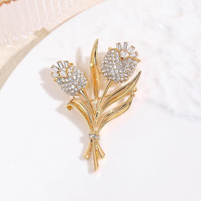 DONABUS Crystal Brooch Vintage Floral Gold Pin Micro Pave Daisy/Tulip Rhinestone Embellishment for Women Holiday styles.
