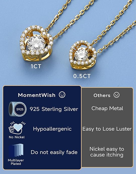 MomentWish Dancing Heart Necklace for Women, 0.5/1 Carat Dancing Moissanite Necklace for Her 925 Sterling Silver Pendant Anniversary Birthday Christmas Gift for Wife Mom Girlfriend
