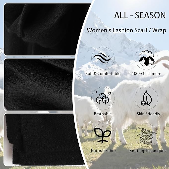 WASALUYA 100% Cashmere Scarf for Women - Knitted Lightweight Travel Wrap, Soft Large Shawl, 71x24 Inches, Luxury Gift