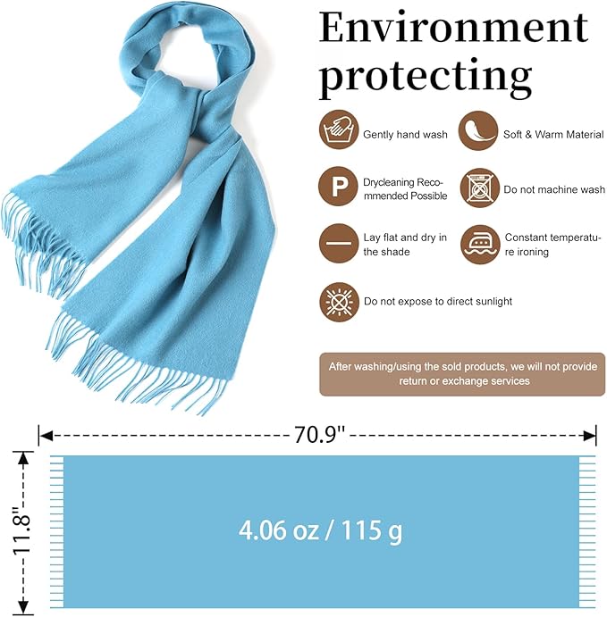 WASALUYA Wool Scarf for Women & Men, 100% Wool Scarves Wrap Shawl with Tassels, Elegant Soft Winter Scarf for Fall and Winter