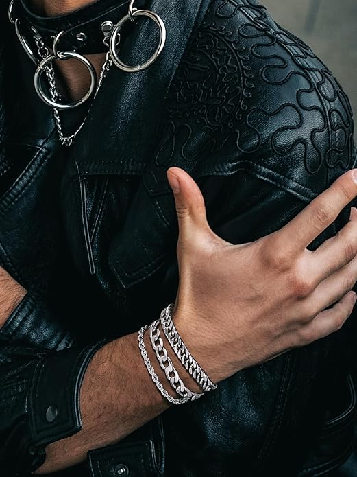 Richsteel 2PCS/3PCS Bracelets Chain for Men Women Stainless Steel Silver/Gold/Black Cuban/Rope Link Chain Bracelets Set, 7.4/8.2/9 Inch Hand Chain Length for Men Women Jewelry