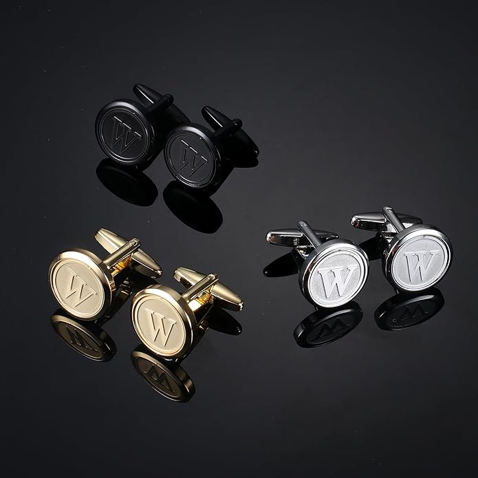 LOLIAS 3 Pairs Initial Cufflinks For Men Classic Mens CuffLinks Set Letter Cuff Links for Casual to Formal with Gift Box Silver Black 14K gold plated Cufflinks for Father Husband