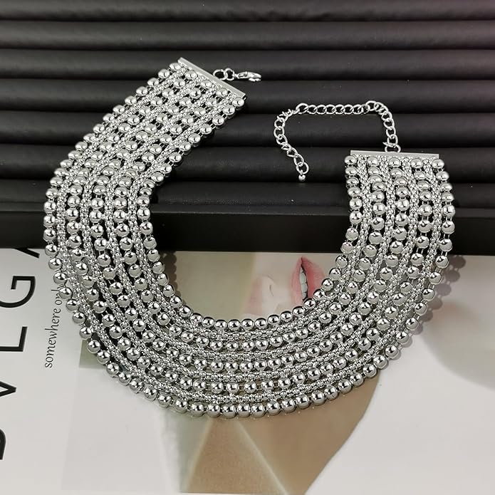 Women Statement Necklace Metal Beaded Chunky Necklace Collar Fashion Party Jewelry
