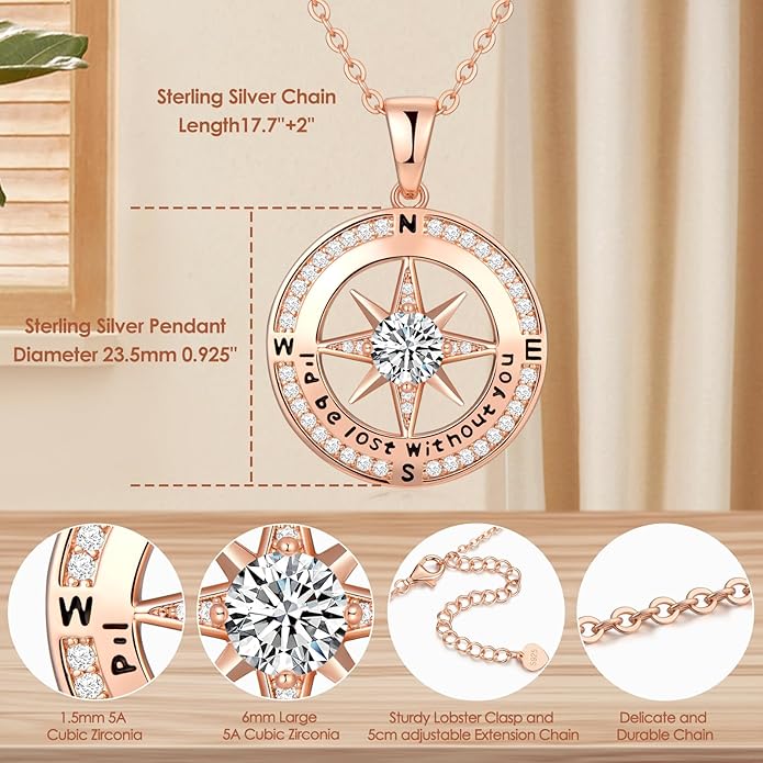 Zifeel Compass Necklace Gifts for Women wife - S925 Sterling Silver Birthstone Necklaces for Women - Anniversary Birthday Gifts for Her Wife Girlfriend - Valentines Mom Mothers Day Christmas Gifts Jewelry for Women
