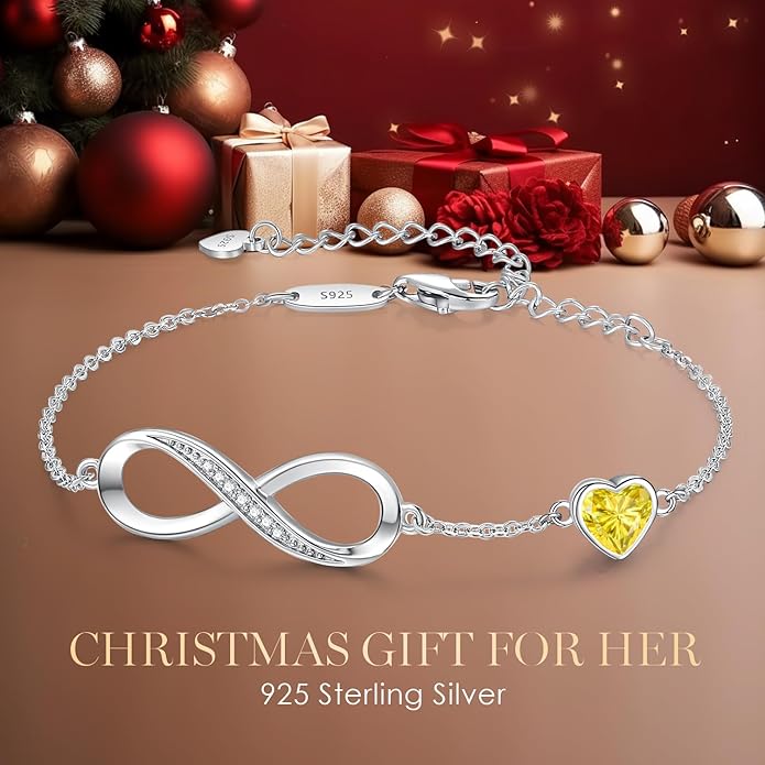 CDE Infinity Heart Birthstone Charm Link Bracelet for Women 925 Sterling Silver Adjustable Mother's Day Gift Anniversary Birthday Jewelry for Wife Girlfriend Her