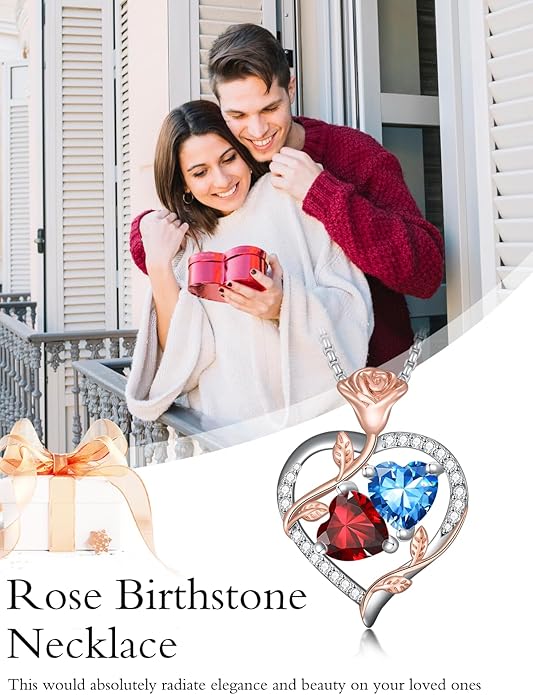 Christmas Gifts for Women Rose Heart Birthstone Pendant Necklace I Love You Forever Jewelry Valentine Mothers Day Birthday Gifts for Women Her Wife Girlfriend