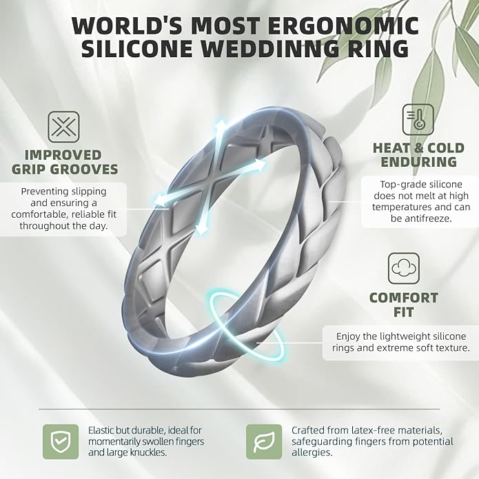 Egnaro Women's Silicone Stackable Rings 3.5mm Wide 2mm Thick, Rubber Flexible Hypoallergenic Wedding Bands For Workout Leaf Braided Fashion
