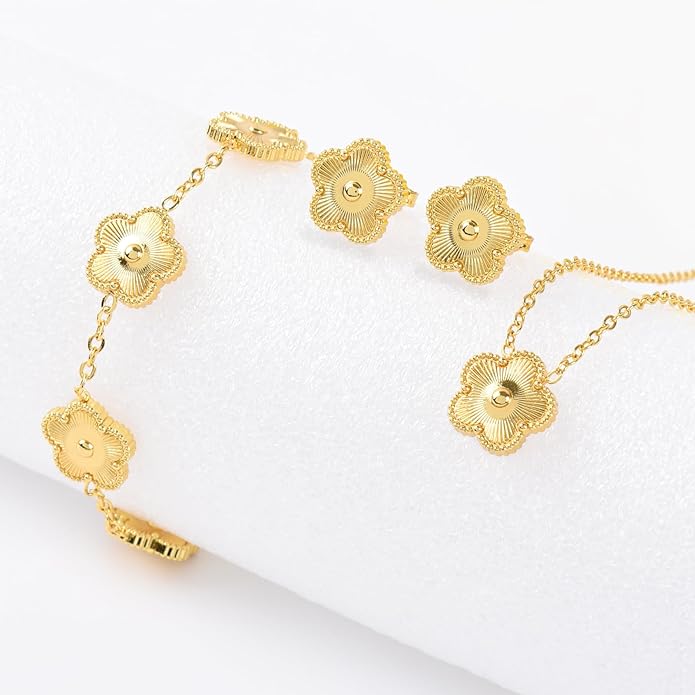 Snyxdrae Hypoallergenic Women's Four Leaf Clover Jewelry Set 14K Gold-Plated Stainless Steel Clover Necklace Bracelet Earrings Fashionable And Exquisite Daily for Women Accessory Gift