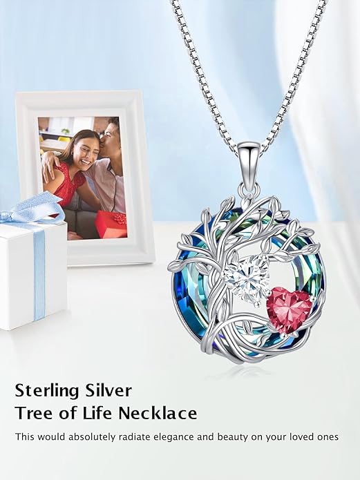 TOUPOP s925 Sterling Silver Family Celtic Tree of Life Pendant Necklaces with 2 Heart Birthstone with Blue Austrian Crystal Jewelry Birthday Anniversary Christmas Gifts for Her Wife Girlfriend Mom (18K Real White Gold Filled)