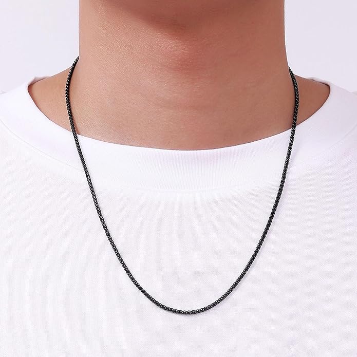 Fiusem Black Wheat Chains for Men and Women, 2/2.5/3/4/5mm Stainless Steel Necklace Chain, Mens Necklace Jewelry Gift 16-28 Inch