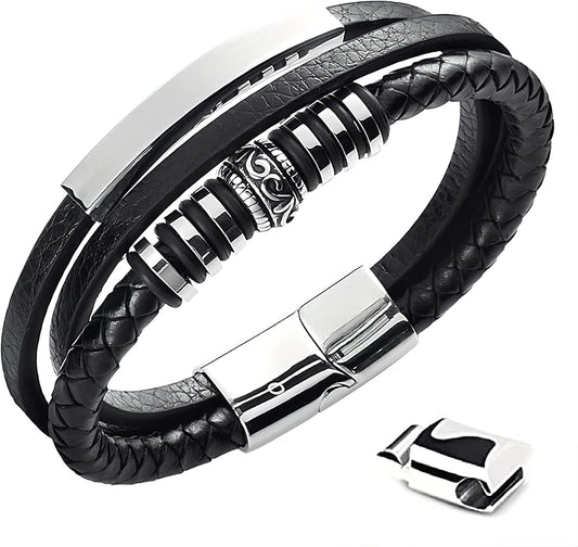 Mens Leather Bracelet Stainless Steel Leather Braided Bracelet Black Gift Men's Jewelry Cuff Bracelet Wrist Accessories