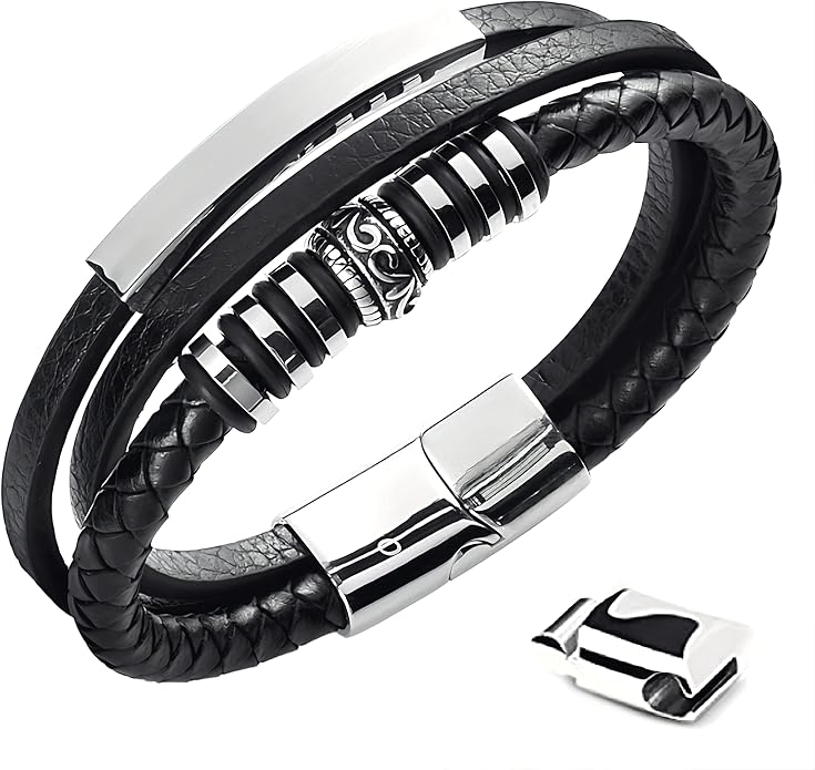 Mens Leather Bracelet Stainless Steel Leather Braided Bracelet Black Gift Men's Jewelry Cuff Bracelet Wrist Accessories