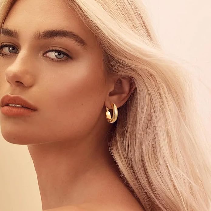 Gacimy 14K Gold Plated Hoop Earrings for Women, 14k Real Gold Plated with 925 Sterling Silver Post, Hypoallergenic Lightweight Thick Hoops Earrings for Women Trendy