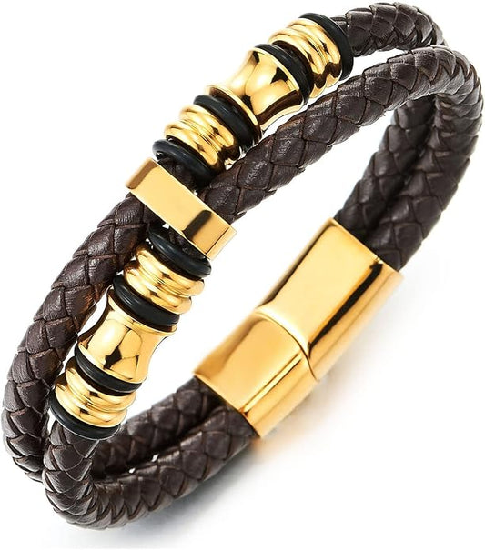 COOLSTEELANDBEYOND Mens Double-Row Braided Leather Bracelet Bangle Wristband with Stainless Steel Ornaments