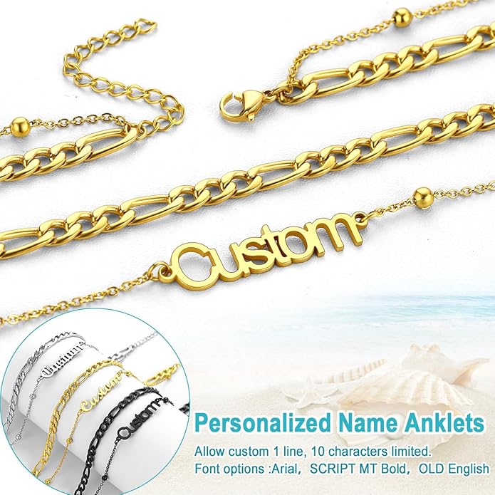 U7 Custom Layered Ankle Bracelets for Women Stainless Steel Bead/Cuban/Figaro/Rope/Wheat Chain Anklet Waterproof Anklet Jewelry for Beach Vacation