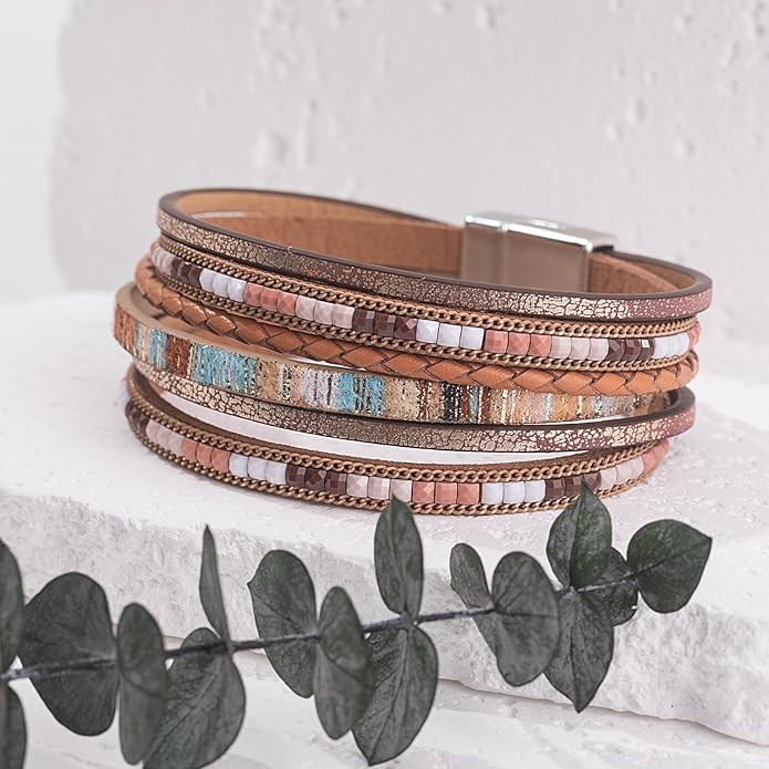 FANCY SHINY Boho Leather Wrap Bracelets Trendy Layered Bracelets with Magnetic Clasp Strackable Bohemian Jewelry Gifts for Women