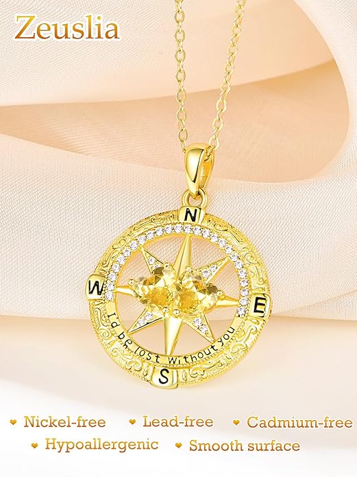 Zeuslia Double Birthstone Necklace Gifts for Wife - 925 Sterling Silver Sunflower/Rose/Crown Cross/Compass/Heart Pendant I Love You Necklace, Anniversary Birthday Gifts for Wife Girlfriend Mom Her