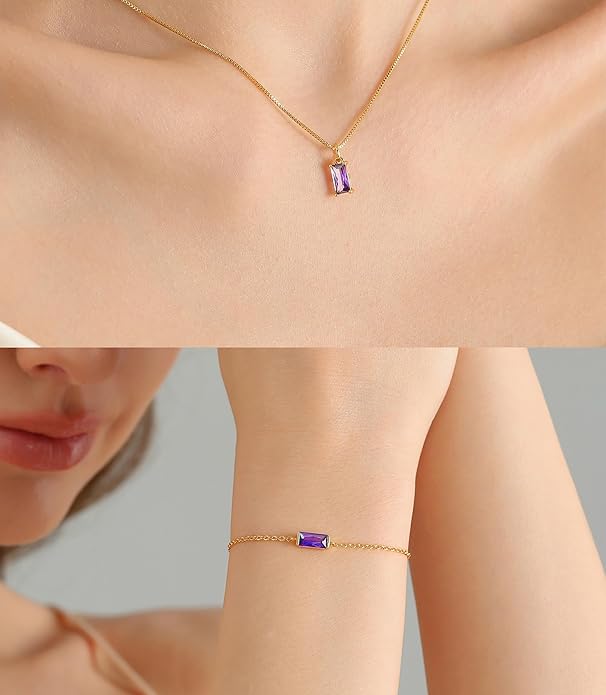 Birthstone 14K Gold Plated Bracelets Earrings Necklaces Jewelry Set， Blue Green May Cubic Zirconia，Friendship Bracelets Jewelry Gifts for Mom Best Friend Birthday