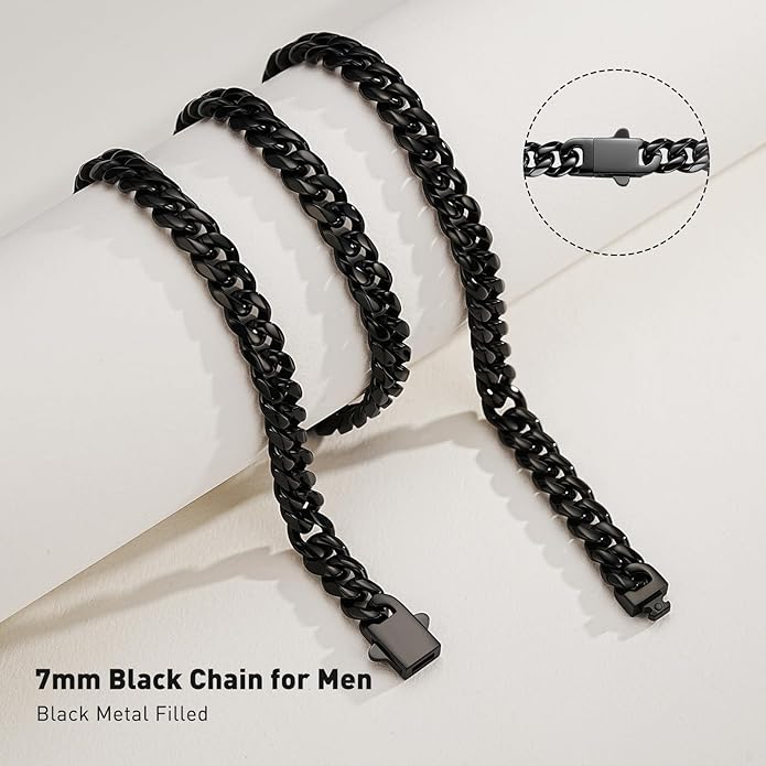 DFUNH 7MM Stainless Steel Mens Cuban Link Chain,Black Metal/925 Sterling Silver Plated Men Chain Necklaces Black/Silver Chain for Men Necklace