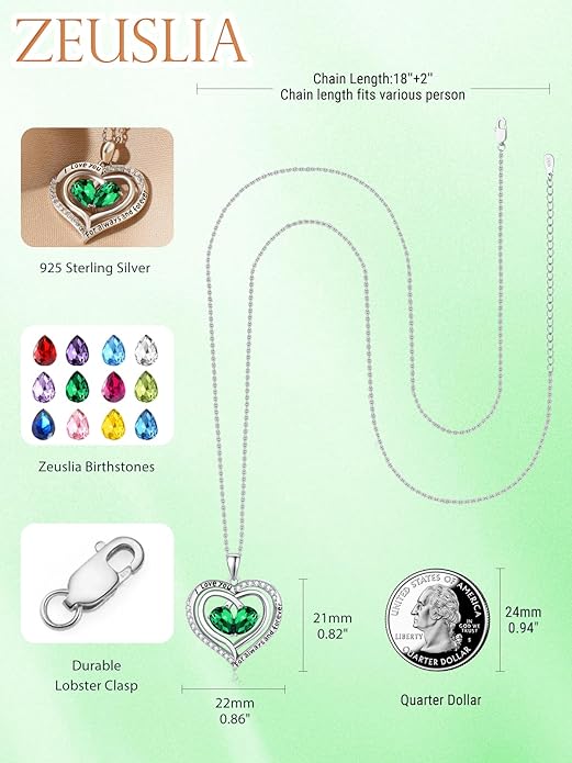 Zeuslia Double Birthstone Necklace Gifts for Wife - 925 Sterling Silver Sunflower/Rose/Crown Cross/Compass/Heart Pendant I Love You Necklace, Anniversary Birthday Gifts for Wife Girlfriend Mom Her