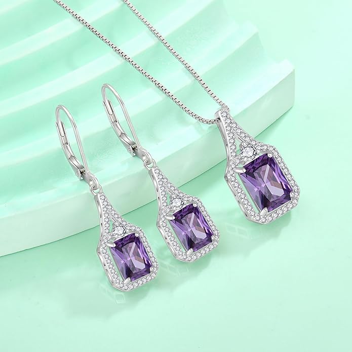 Emerald Cut Dangle Drop Earrings 925 Sterling Silver Halo Rectangular Leverback Earrings Birthstone Jewelry for Women