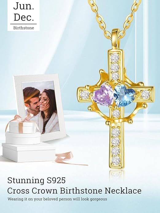 Zeuslia Double Birthstone Necklace Gifts for Wife - 925 Sterling Silver Sunflower/Rose/Crown Cross/Compass/Heart Pendant I Love You Necklace, Anniversary Birthday Gifts for Wife Girlfriend Mom Her