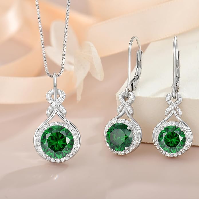 Emerald Infinity Jewlery Set for Women, 925 Sterling Silver Necklaces and Earrings Halo May Birthstone Jewelry Gift for Birthday Anniversary