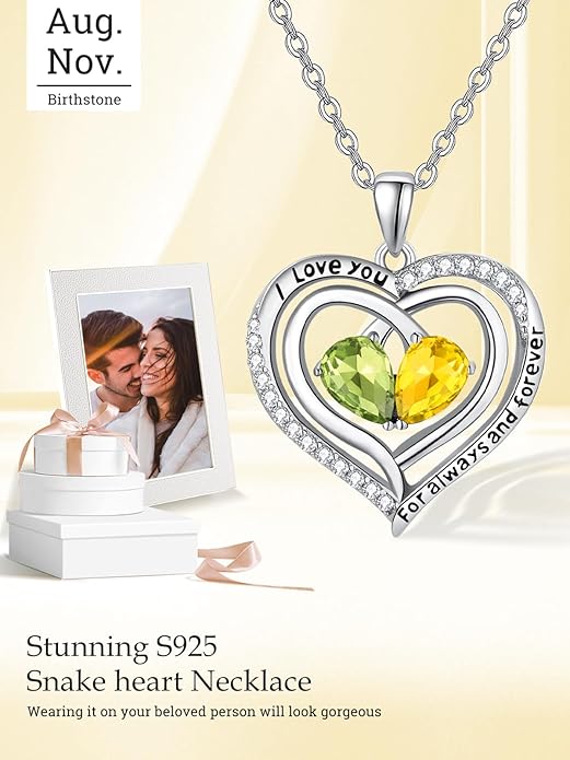 Zeuslia Double Birthstone Necklace Gifts for Wife - 925 Sterling Silver Sunflower/Rose/Crown Cross/Compass/Heart Pendant I Love You Necklace, Anniversary Birthday Gifts for Wife Girlfriend Mom Her