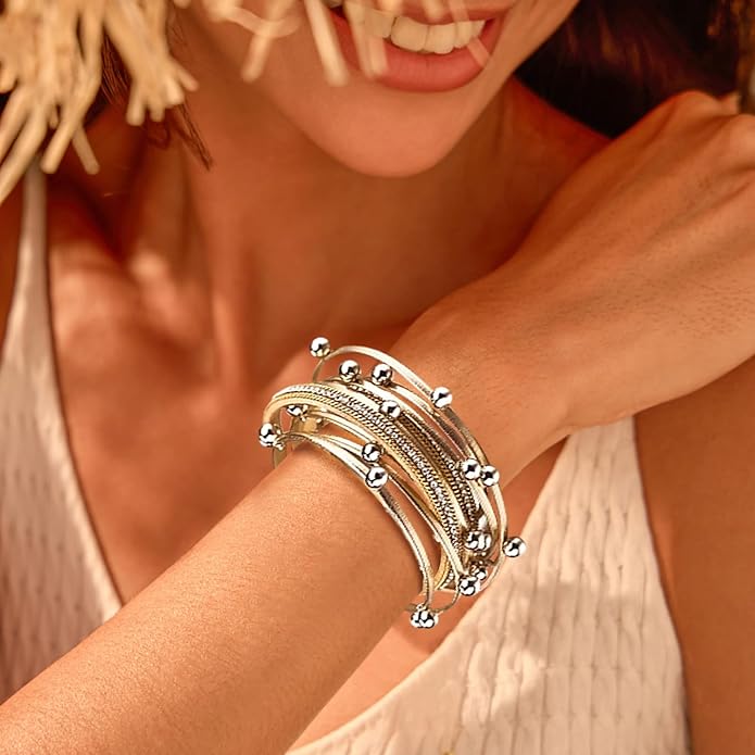 ENGCKSHI Wrapped Bracelets for Women,Leather Bracelet,Boho Bracelets for Women,Multi-Layer Pearl Crystal Bracelet Bangle Jewelry