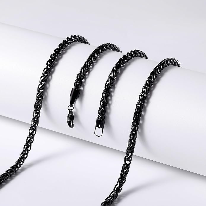 Fiusem Black Wheat Chains for Men and Women, 2/2.5/3/4/5mm Stainless Steel Necklace Chain, Mens Necklace Jewelry Gift 16-28 Inch