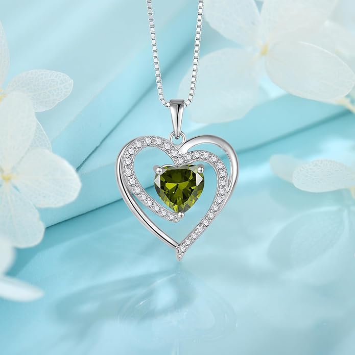 FJ Love Heart Necklace for Women 925 Sterling Silver Birthstone Pendant Anniversary Birthday Jewelry