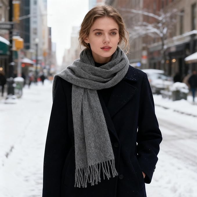 WASALUYA Wool Scarf for Women & Men, 100% Wool Scarves Wrap Shawl with Tassels, Elegant Soft Winter Scarf for Fall and Winter