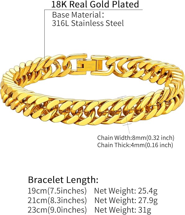 ChainsHouse Stainless Steel Cuban Link Bracelet, 8mm/12mm/17mm Width, 7.5"/8.3"/9", 18K Gold Plated Chain Wrist Bracelets for Men Women, Send Gift Box
