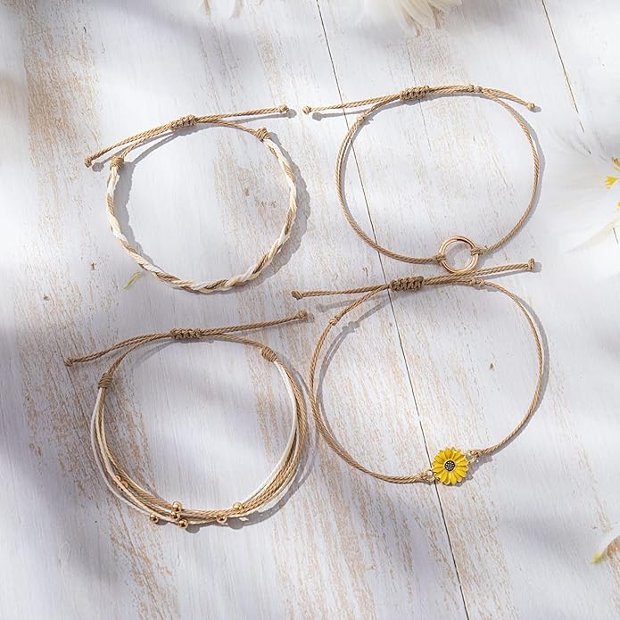 FANCY SHINY Sunflower String Bracelet Boho Braided Rope Wrap Bracelets Cute Summer Beach Surfer Jewelry for Women