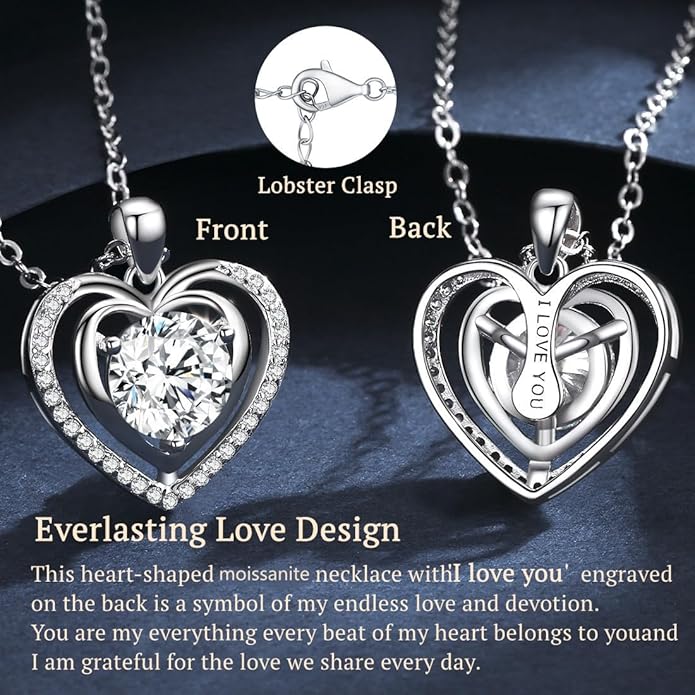 Heart Pendant Gold Necklace for Women Moissanite Lab-Created Gem I Love You Wedding Anniversary Birthday Christmas Valentine Engagements Mothers Day Jewelry for Wife Her Girlfriend Mom Daughter