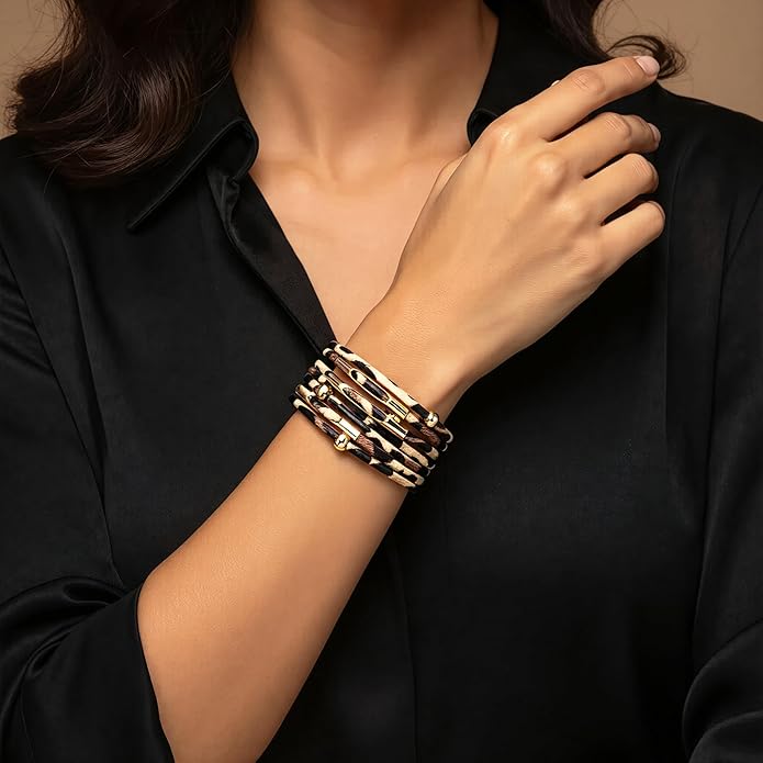 Fesciory Leopard Bracelet for Women, Boho Leather Wrap Multi-Layer Pearl Crystal Bracelet Bangle Jewelry