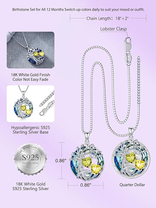 TOUPOP s925 Sterling Silver Family Celtic Tree of Life Pendant Necklaces with 2 Heart Birthstone with Blue Austrian Crystal Jewelry Birthday Anniversary Christmas Gifts for Her Wife Girlfriend Mom (18K Real White Gold Filled)