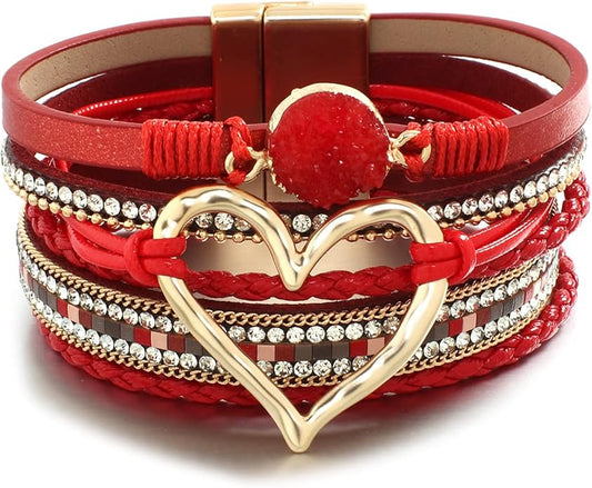 Leather Wrap Bracelet for Women Beaded Cuff Bracelet with Heart-shape Decor Bohemian Crystal Bracelet Jewelry with Clasp Bangle Bracelet for Women Girls Birthday Holiday Gift
