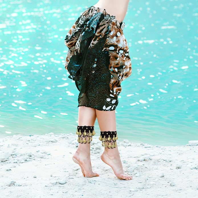 Belly Wrist Arm Bracelet - 2pcs Belly Ankle Bracelets with Coins Jewelry Anklet Chiffon Cuff Wrist Ankle Cuffs Costume Accessories