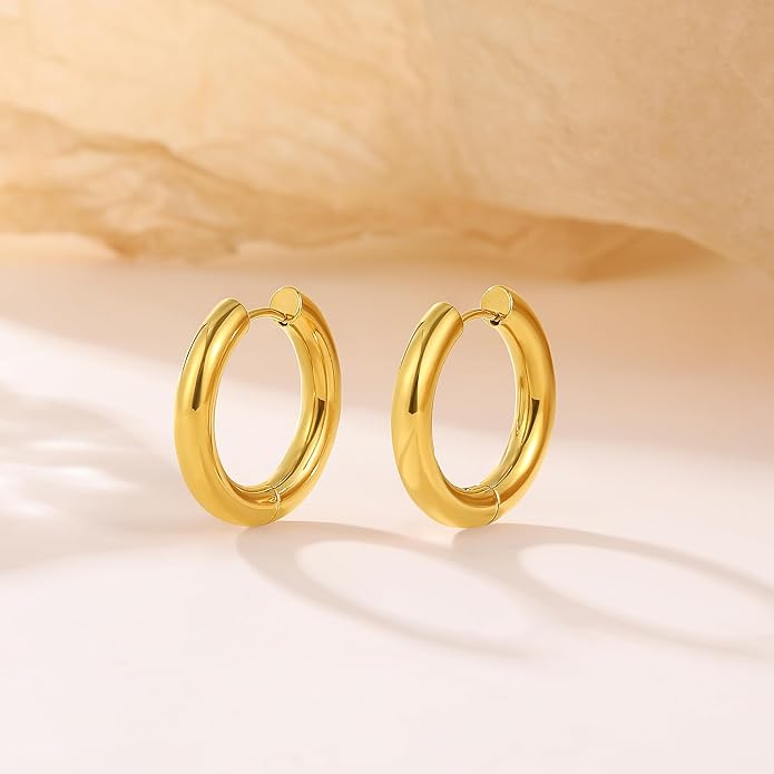 8YEARS Chunky Gold Hoop Earring for Women, 18K Gold Plated Lightweight Thick Hoops, Hypoallergenic Trendy Jewelry for Gift