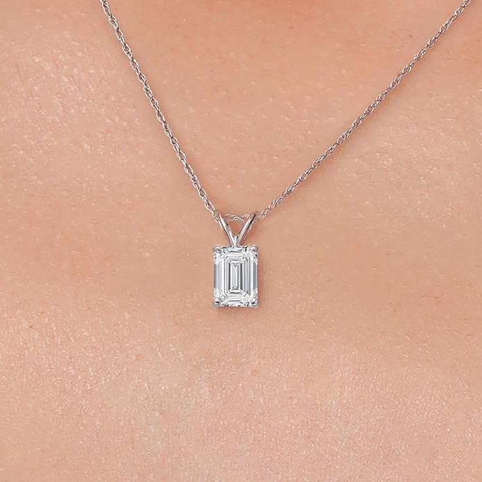 Gem Stone King 1 to 5 Carat 14K Gold IGI Certified Lab Grown Diamond Pendant Necklace For Women | Emerald Cut | E-F Color | VS1-VS2 Clarity | With 18 Inch Gold Chain