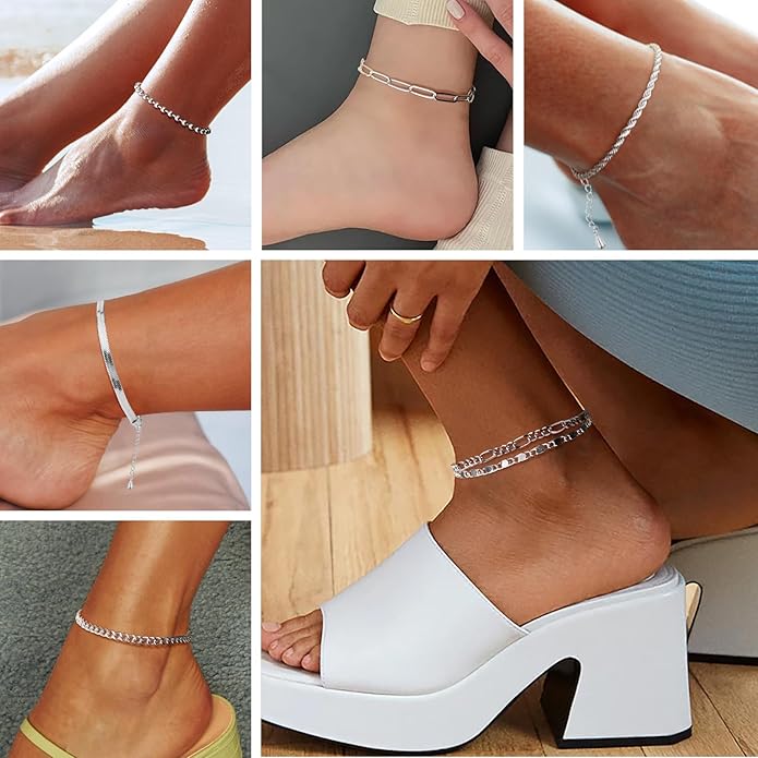 Sterling Silver Anklet Bracelets for Women Waterproof, 925 Sliver Plated CZ & Heart Charm Dainty Layer Anklets for Women Trendy, Simple Chain Anklets Set Gifts for Women, Jewelry Gifts for Her Women Mom Wife Girlfriend