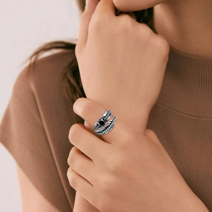 Sterling Silver Feather Ring with Black Onyx & Turquoise - Adjustable Stacking Vintage Statement Ring for Women & Men